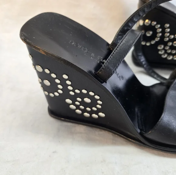 90s Vintage DOLCE & GABANNA Women's 40 Black Studded Wedge Square Toe Sandals